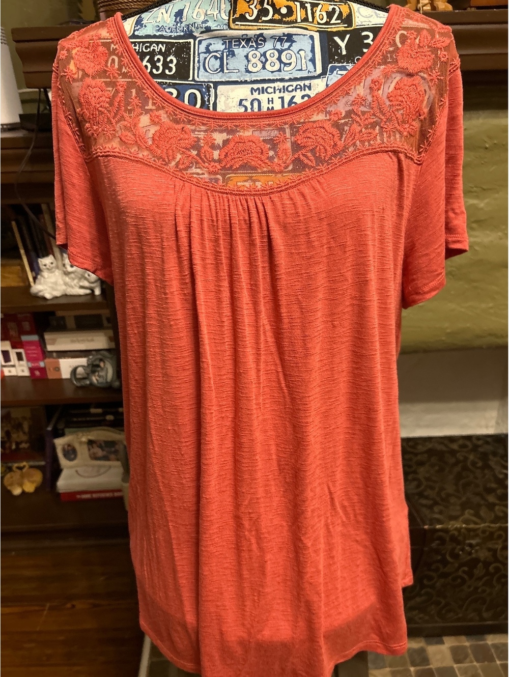Coral Pink Short Sleeve Top with Floral Lace Detail